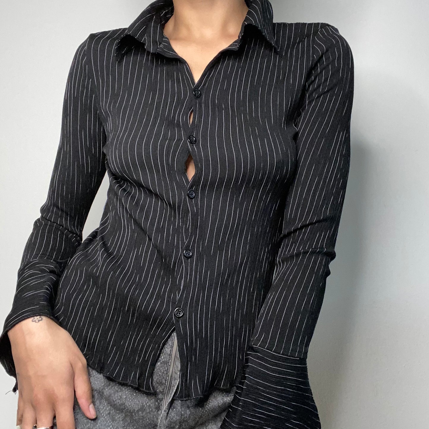 Vintage 90's Rachel Green Black Pinstripe Button Up Blouse (S)