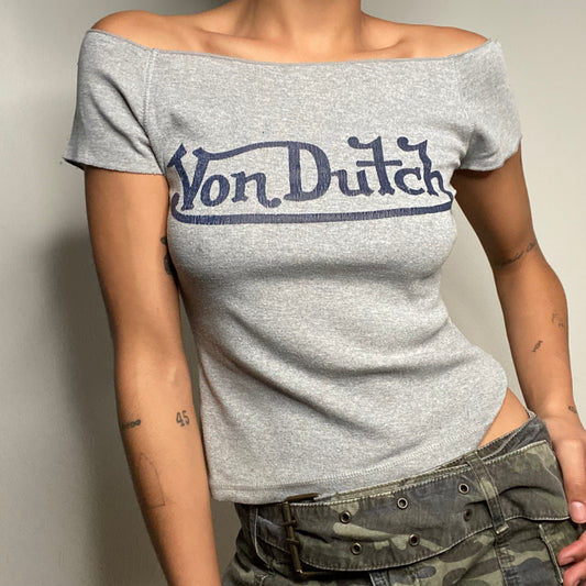 Vintage 90's Archive Von Dutch Grey Off Shoulder Top (S/M)