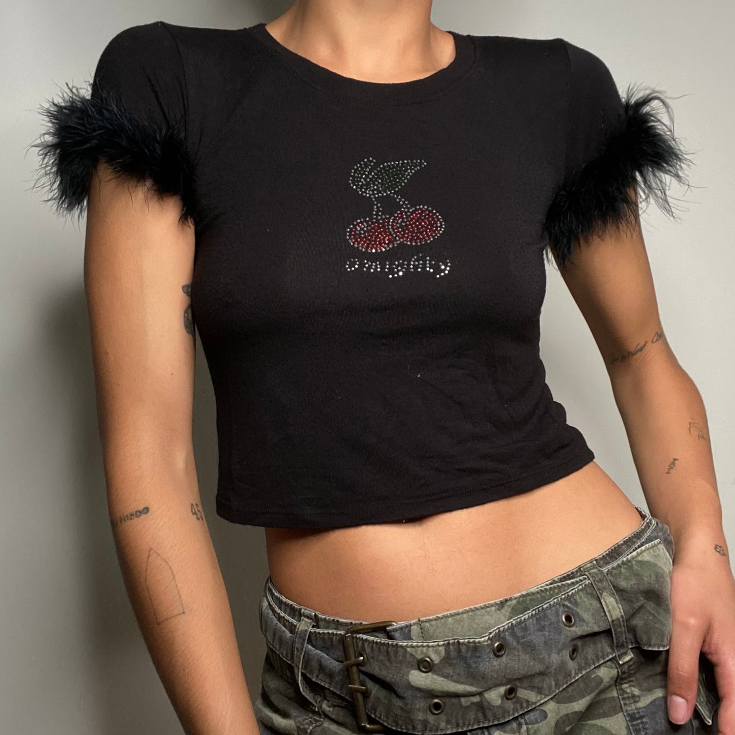 Vintage 90's Funky Black Baby Tee with Cherry Diamante and Feather Trim (S)