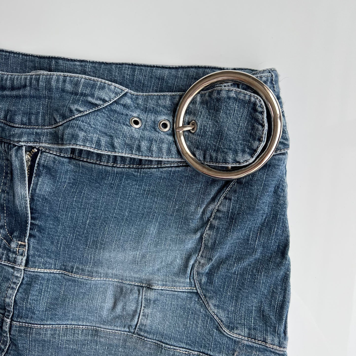 Vintage Y2K Denim Mini Skirt with Buckle Belt Detail (38 EU / UK 10 / US 6)