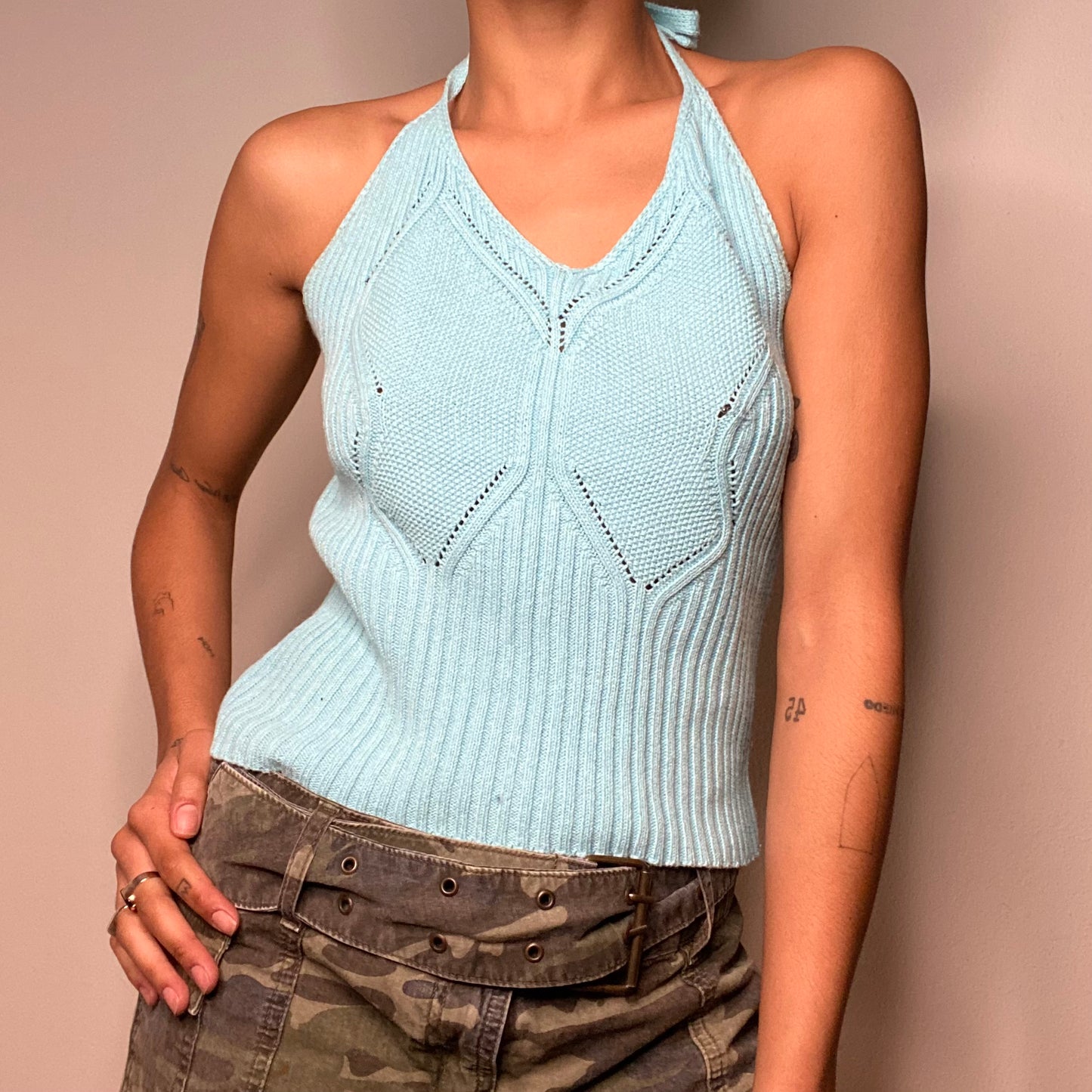 Vintage 90's Fairy Light Blue Butterfly Knit Halter Neck Top (M)