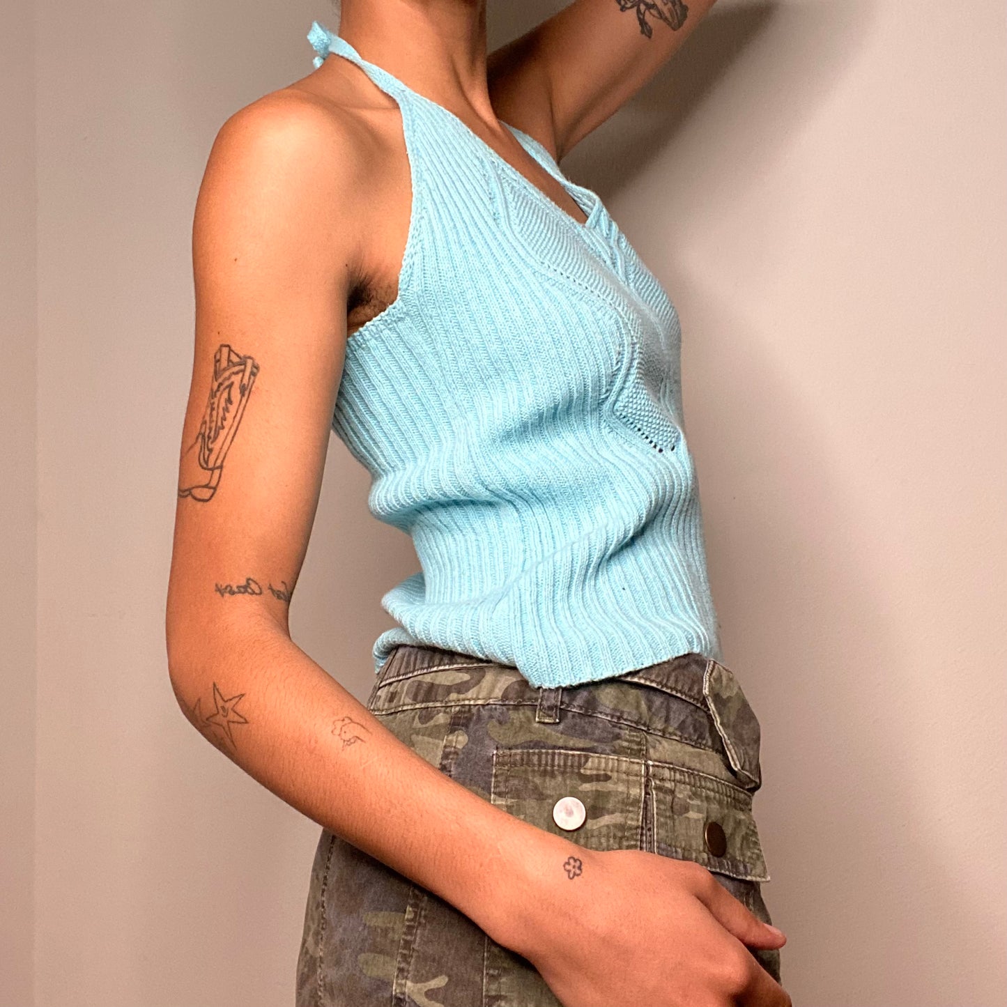 Vintage 90's Fairy Light Blue Butterfly Knit Halter Neck Top (M)