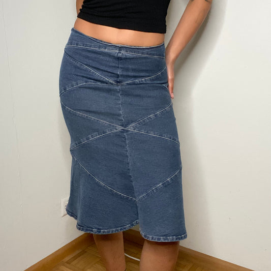 Vintage 90's Indie Denim Midi Skirt with ZigZag Stitching Detail (S)