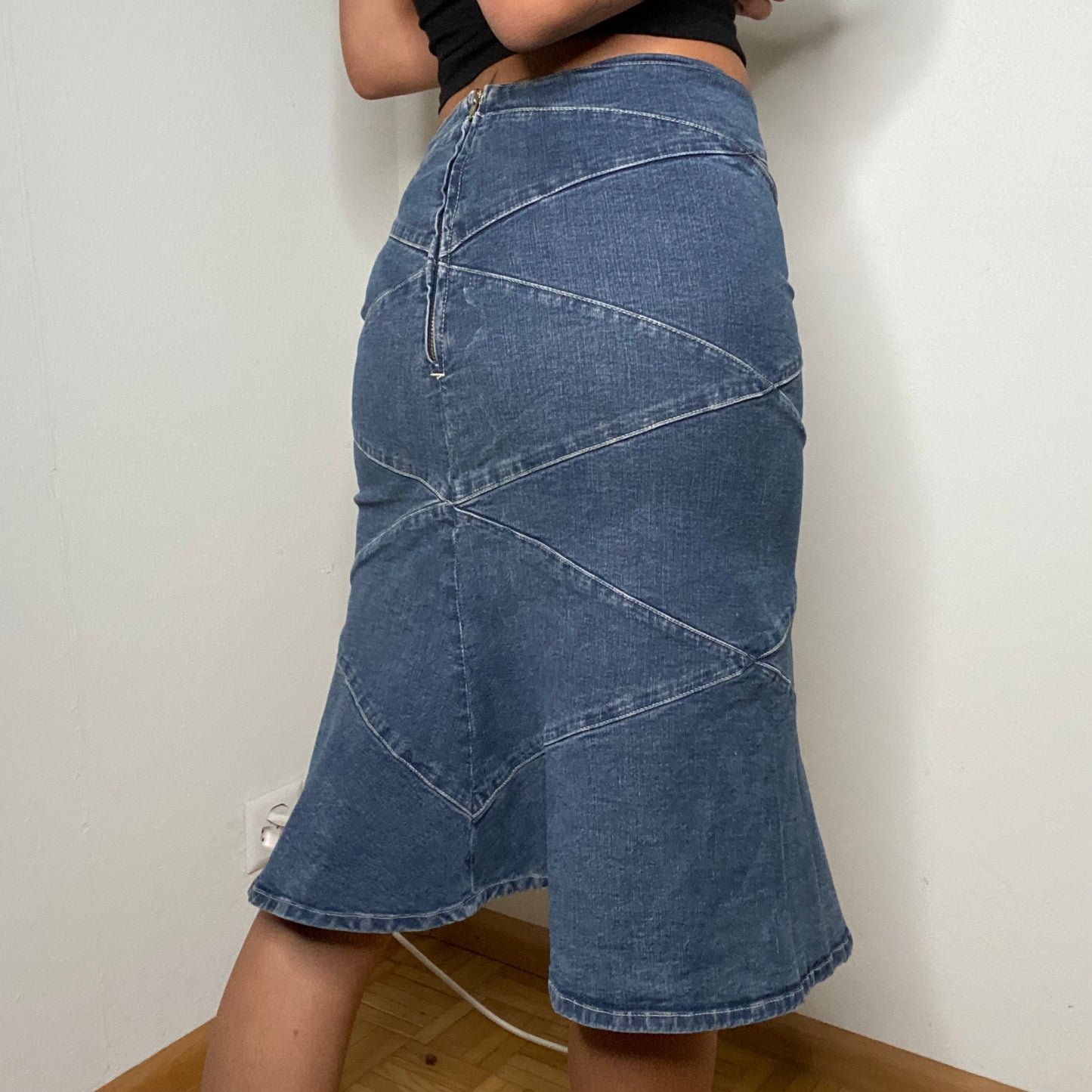 Vintage 90's Indie Denim Midi Skirt with ZigZag Stitching Detail (S)