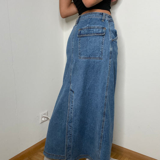 Vintage 90's Indie Denim Maxi Skirt with Slit In The Back (S)