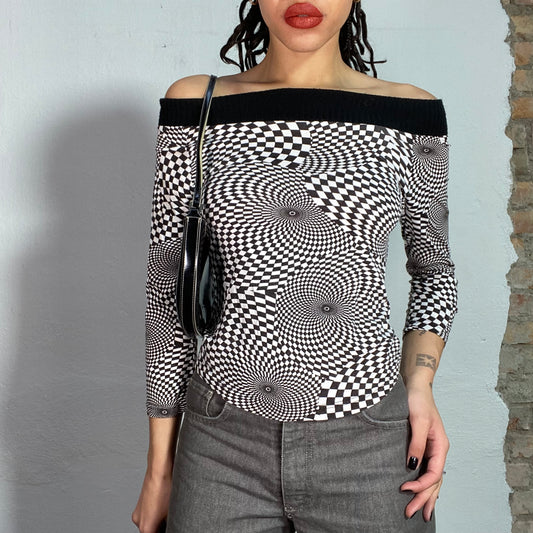 Vintage 2000's Psychedelic Checkerboard Off Shoulder Top (S/M)