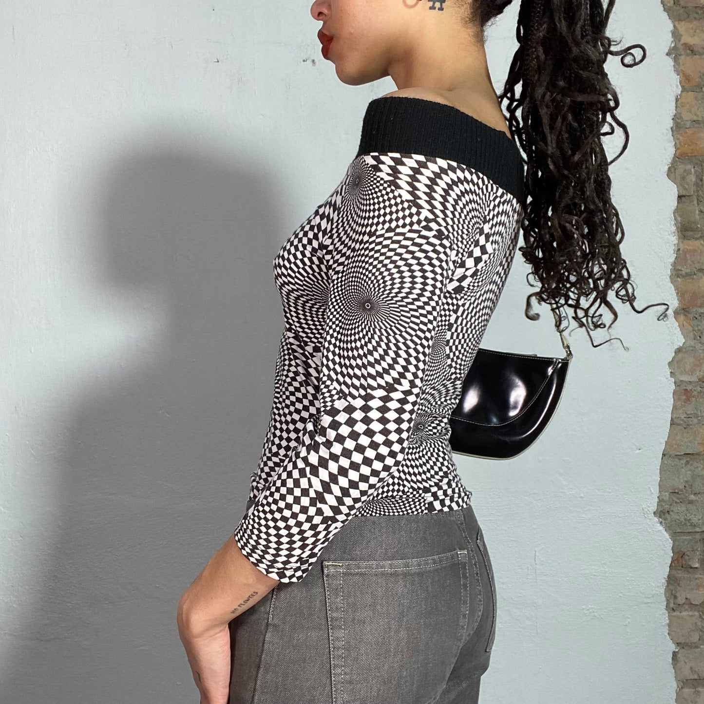 Vintage 2000's Psychedelic Checkerboard Off Shoulder Top (S/M)