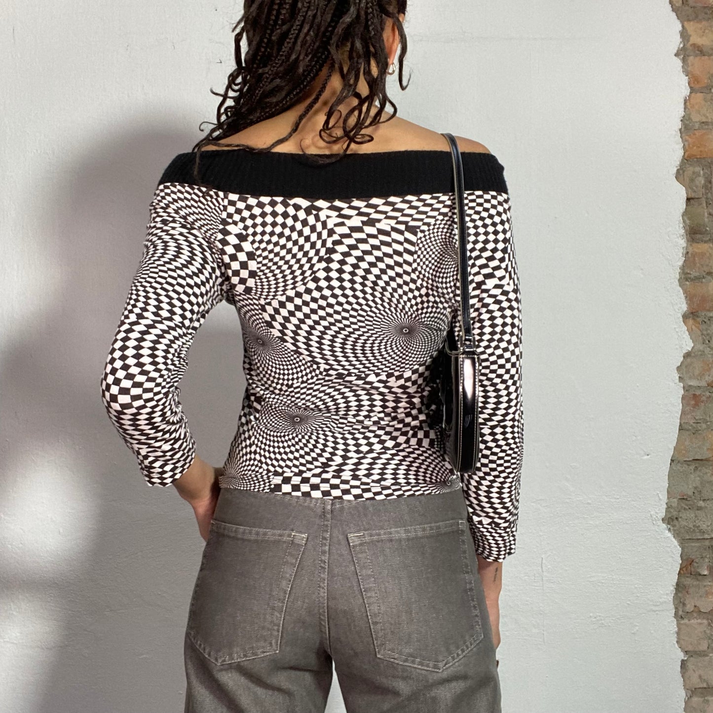 Vintage 2000's Psychedelic Checkerboard Off Shoulder Top (S/M)