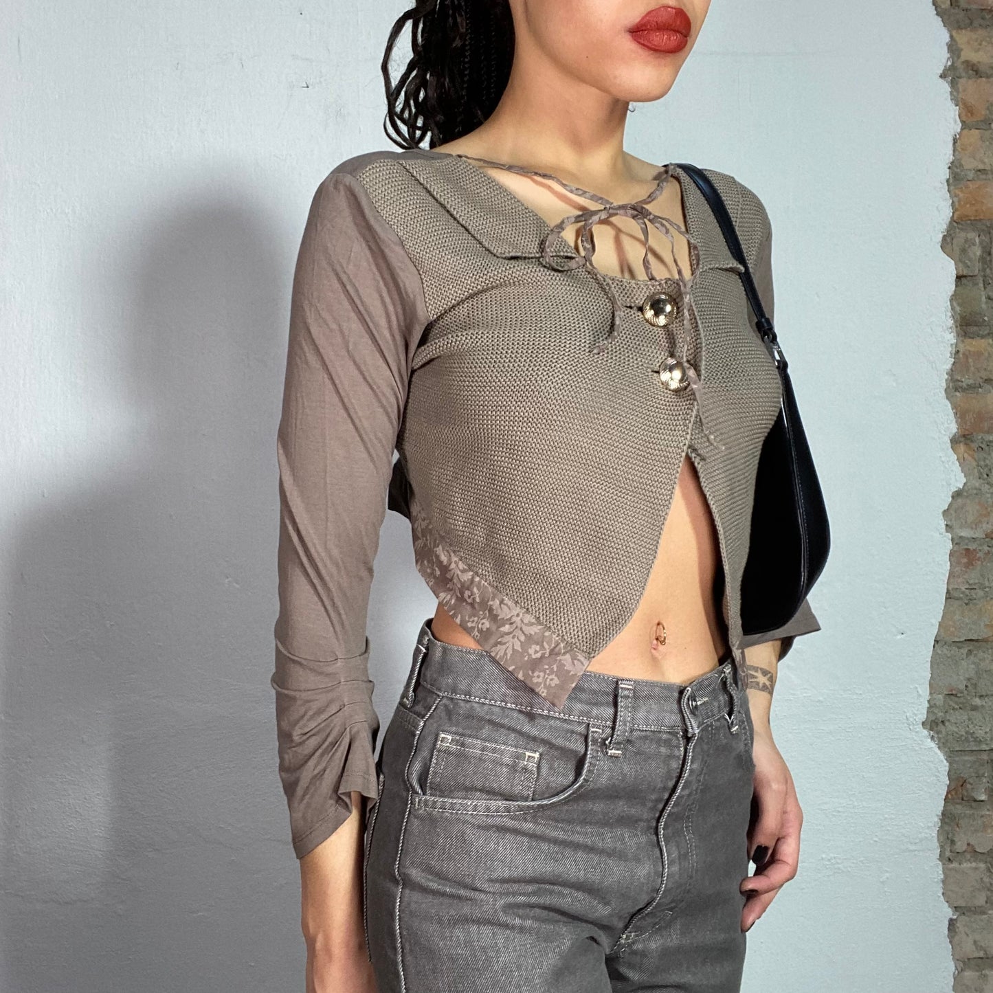 Vintage 90's Cop Copine Khaki Top with Crochet Front Part and Floral Details (S)