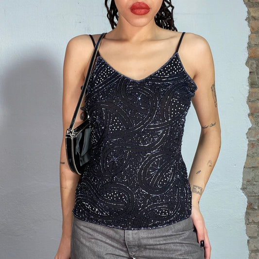 Vintage 2000's Funky Black Top with Beaded Structure Print (M)