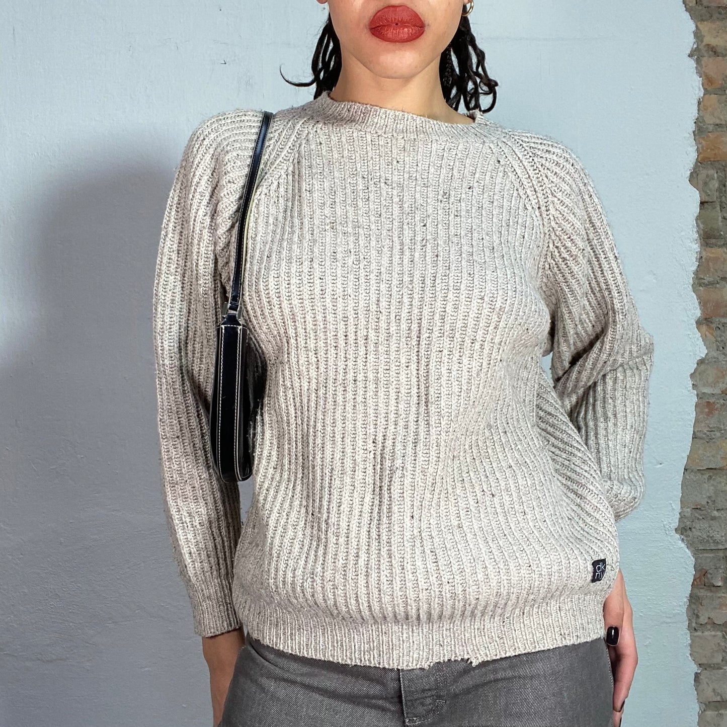 Vintage 90's DKNY Dad Cream Ribbed Knit Sweater (M)