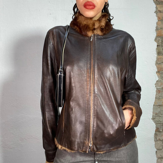 Vintage 2000's Downtown Girl Brown Leather Jacket with Faux Fur Trim (S/M)