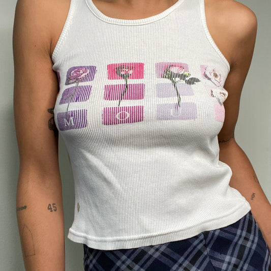 Vintage 2000's Skater White Ribbed Tank Top with 'Amor' and Roses Print (S)