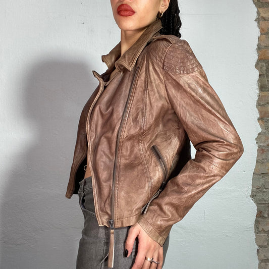 Vintage 90's Motorcycle Brown Asymmetrical Leather Jacket (S)