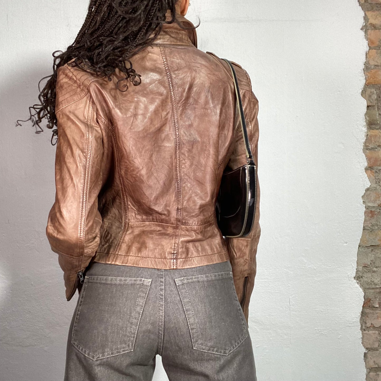 Vintage 90's Motorcycle Brown Asymmetrical Leather Jacket (S)