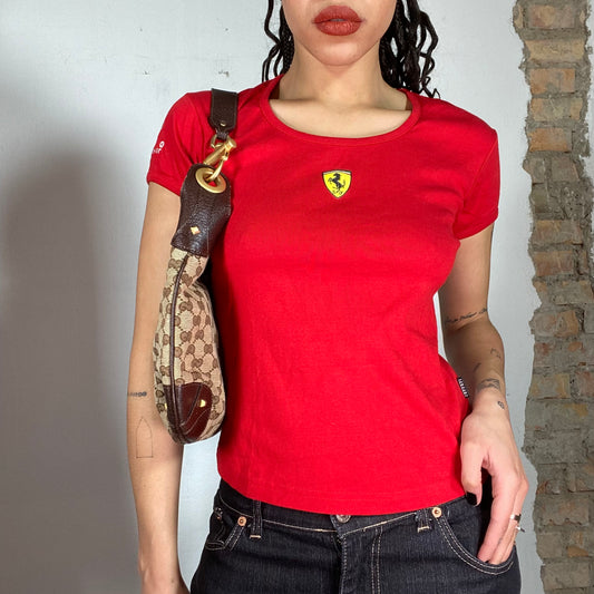 Vintage 90's Ferrara Red Baby Tee with Small Logo Print (S)