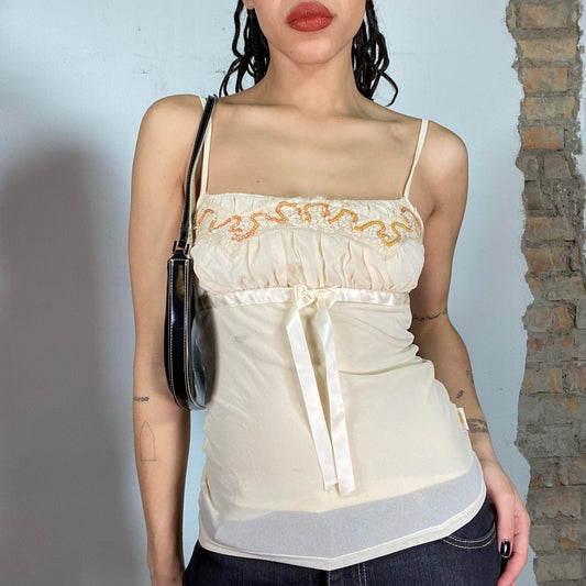 Vintage 90's Soft Girl Cream Top with Lace and Bead Details (S)