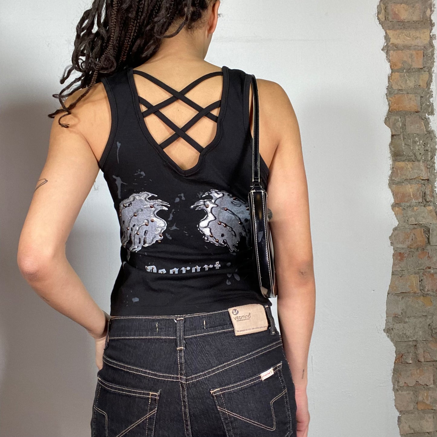 Vintage 90's Goth 'Deorart' Top with Wings Print and Buckle Detail (S)