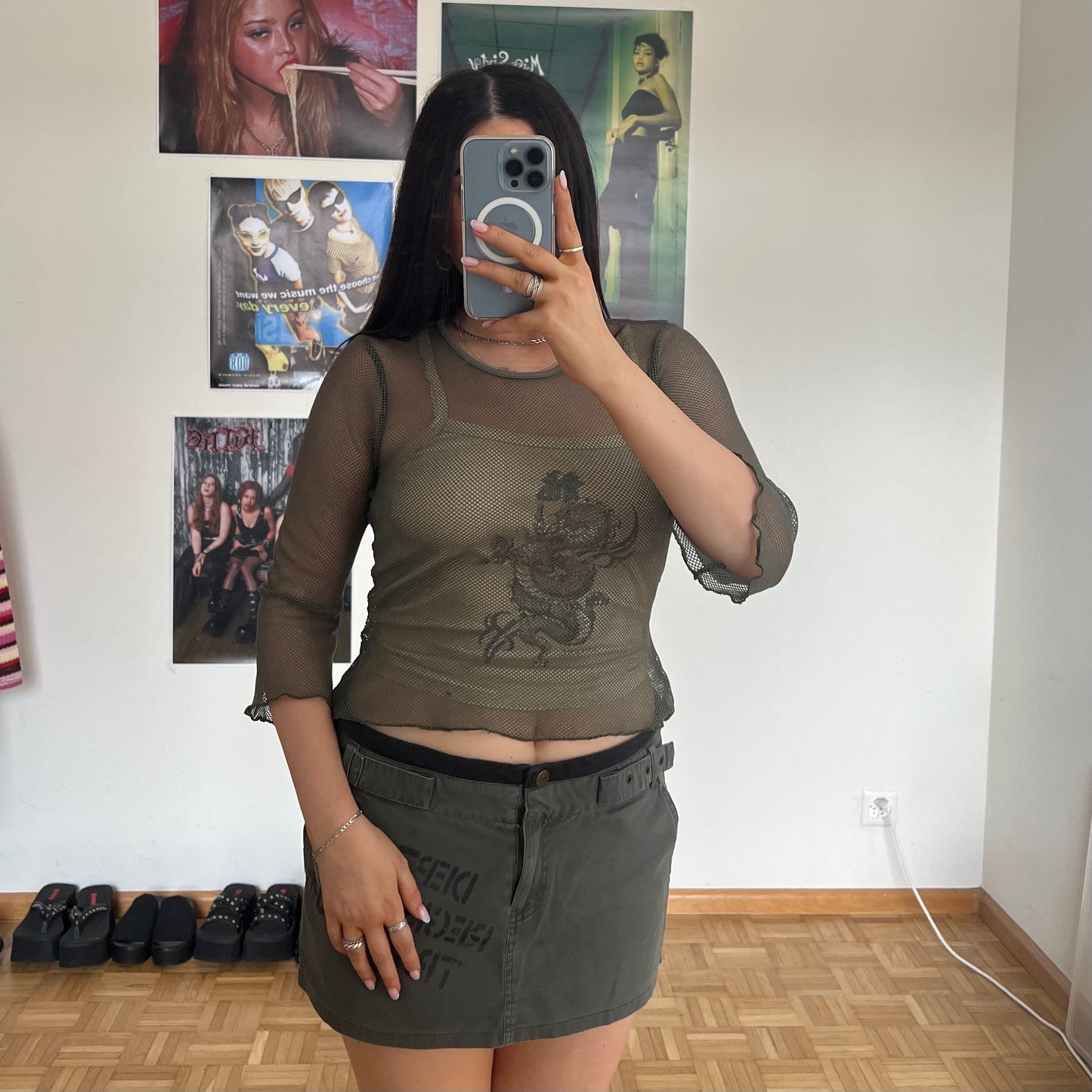 Vintage 90's Cargo Khaki Mini Skirt with Writing Print (38 EU / UK 10 / US 6)