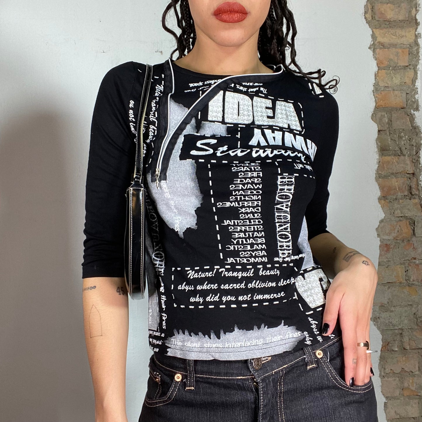 Vintage 90's Grunge Black Longsleeve with White Writing Print and Zipper Detail (S/M)