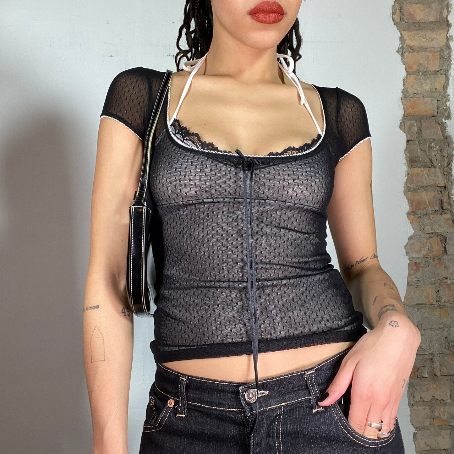 Vintage 90's Romantic Goth Black Mesh Shirt with White Top Underneath (XS/S)