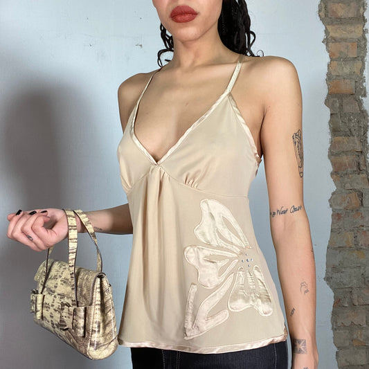 Vintage 90's Summer Beige Top with Satin Hems and Flower Detail (M)