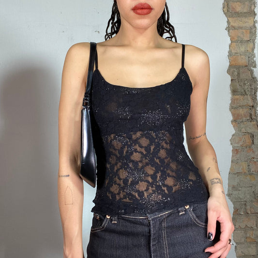 Vintage 2000's Goth Black Lace Top with Glitter Details (S)