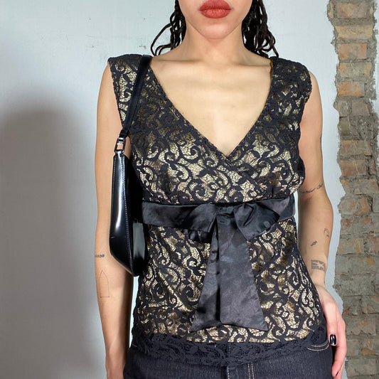 Vintage 90's Goth Black Lace V-Neck Top with Bow Detail (M)