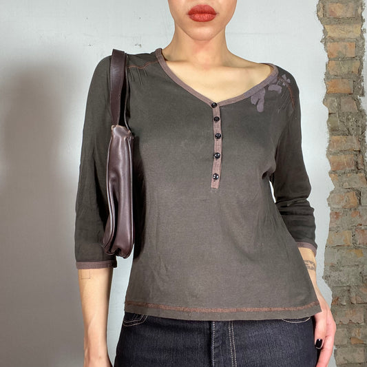 Vintage 90's Whimsigoth Khaki V-Neck Top with Button Details (M)