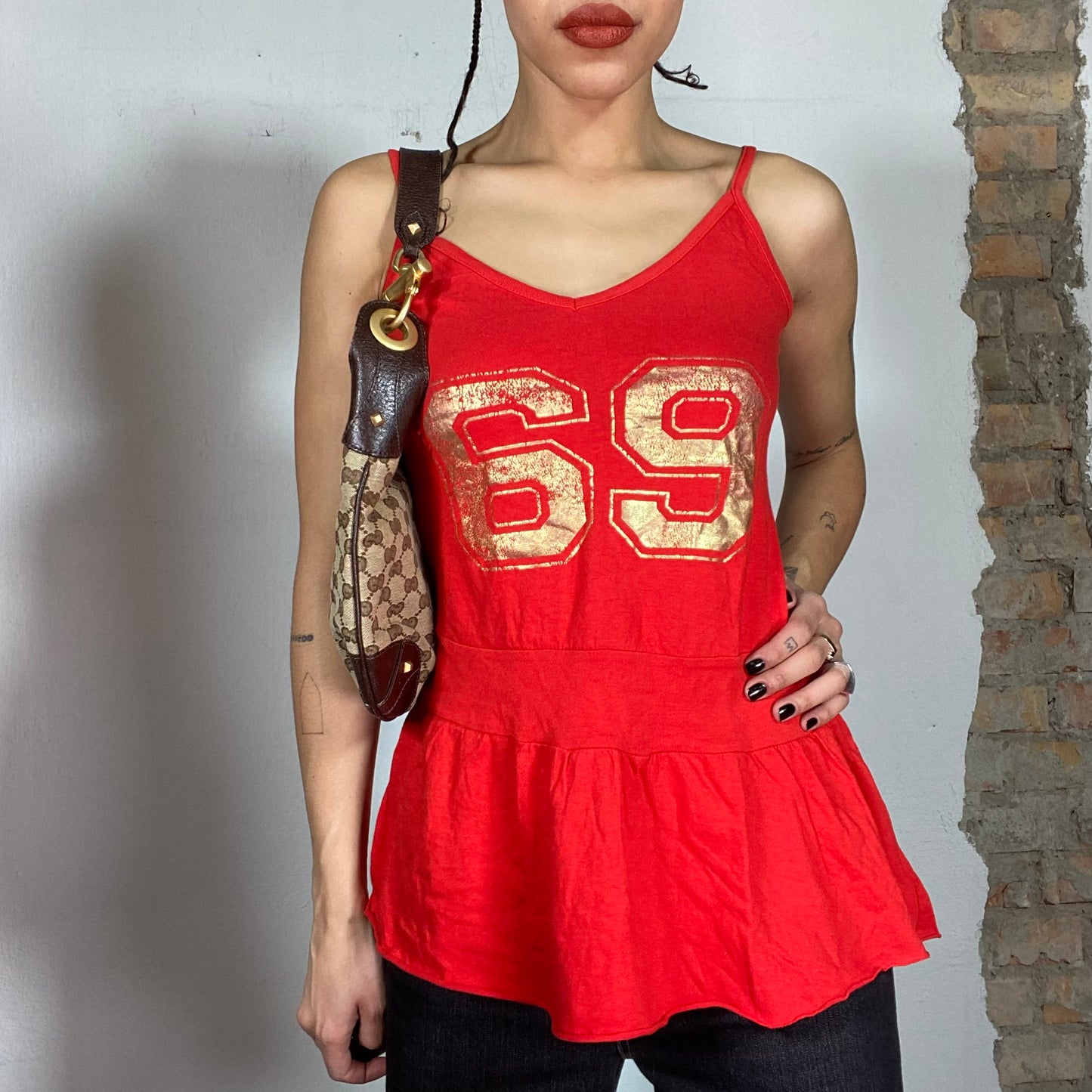 Vintage 2000's Cheerleader Red Dress Top with Golden '69' Print