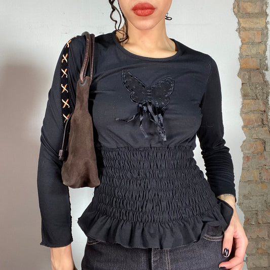 Vintage 2000's Goth Black Top with Scrunched Waist and Butterfly Details (S/M)