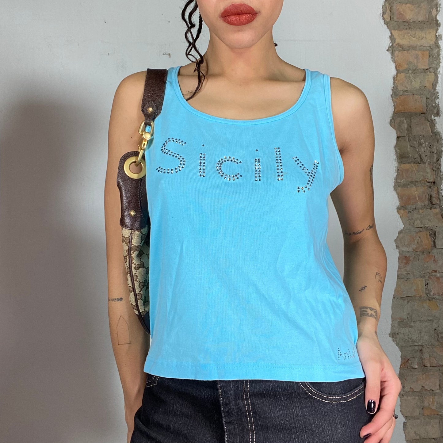 Vintage 2000's Summer Aqua Blue Tank Top with Rhinestone 'Sicily' Print (M/L)