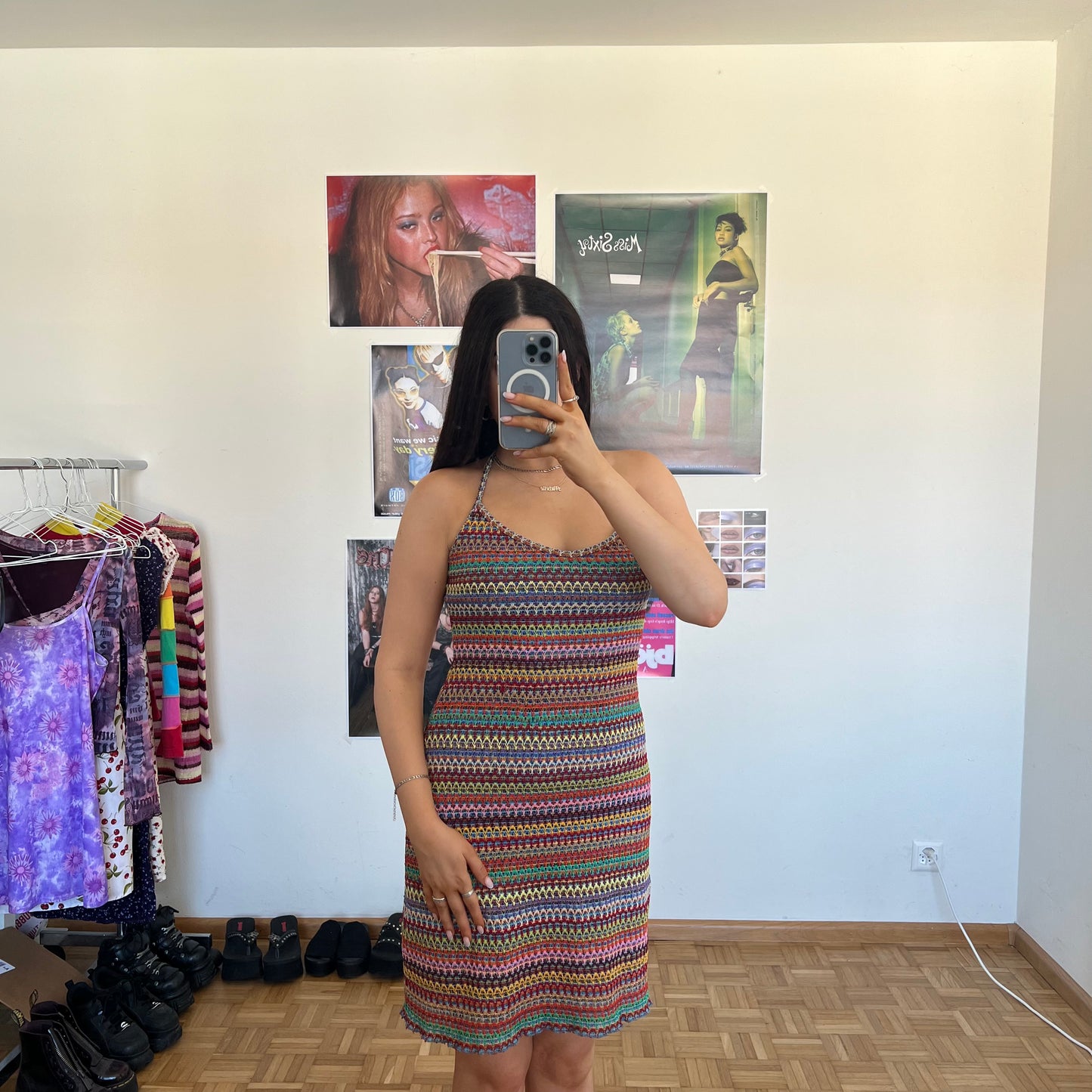 Vintage 90's Summer Rainbow Crochet Dress (S/M)