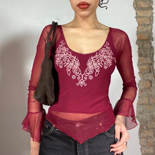 Vintage 90's Indie Bordeaux Red Mesh Top with Ornament Print (S)