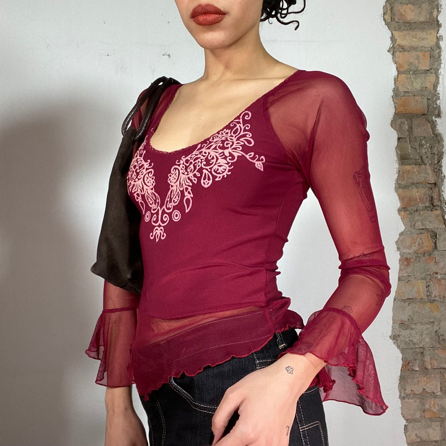 Vintage 90's Indie Bordeaux Red Mesh Top with Ornament Print (S)