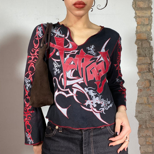 Vintage 90's Goth Black Longsleeve with Tribal Print and Contrast Stitching (S/M)