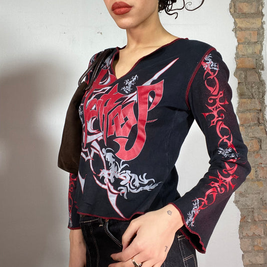 Vintage 90's Goth Black Longsleeve with Tribal Print and Contrast Stitching (S/M)