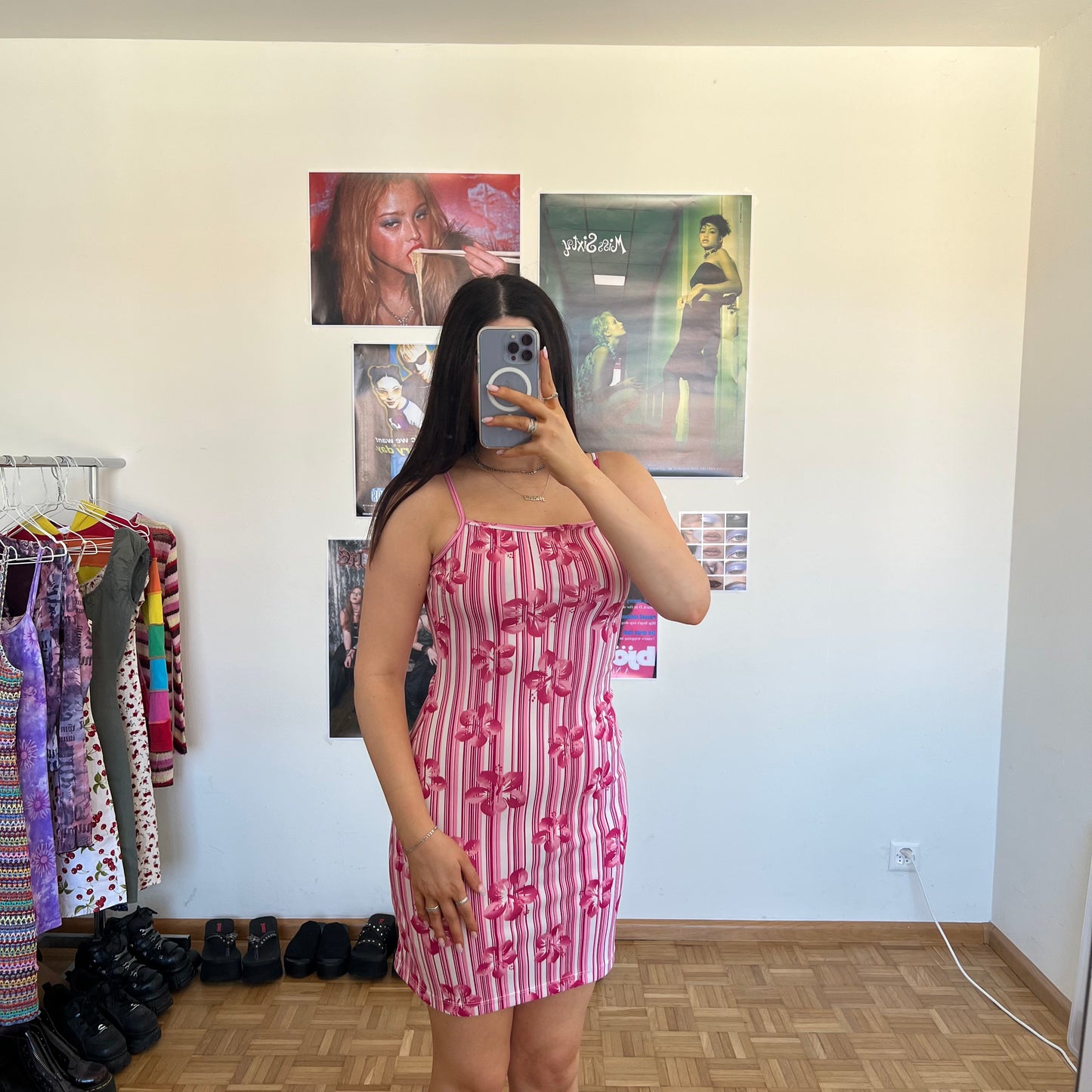 Vintage 90's Summer Pink Striped Hibiscus Dress (XS/S)