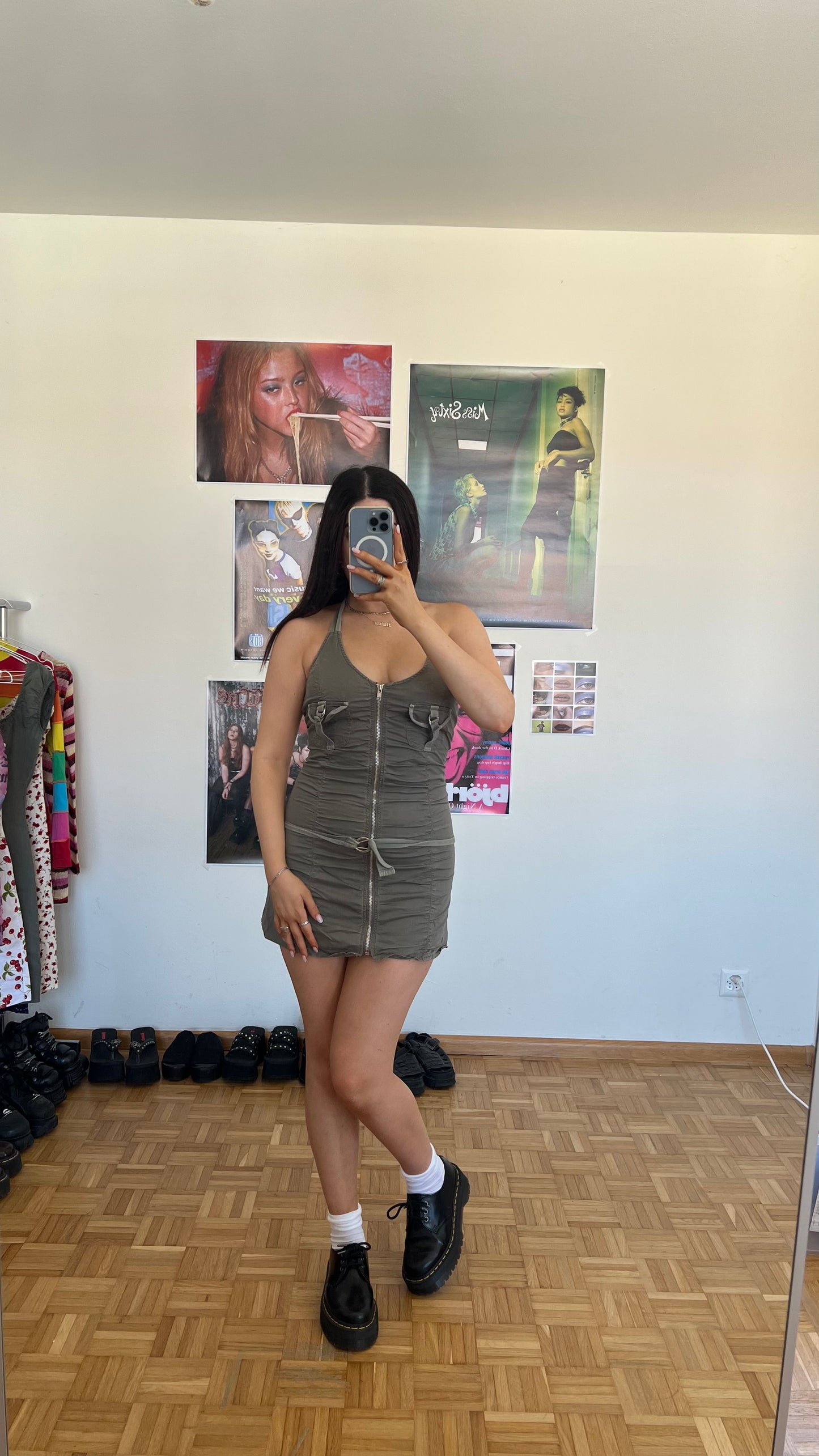 Vintage 90's Archive Halter Khaki Cargo Zip Up Dress (XS)