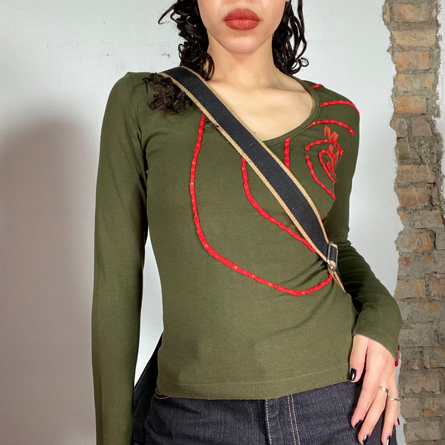 Vintage 2000's Miss Sixty Khaki V-Neck with Red Spiral Print (S/M)