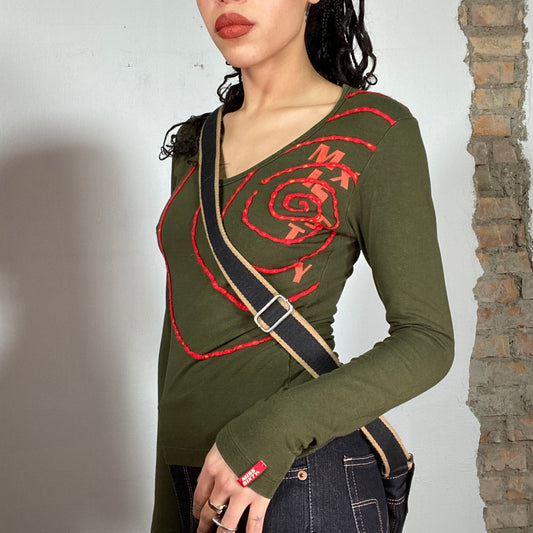 Vintage 2000's Miss Sixty Khaki V-Neck with Red Spiral Print (S/M)