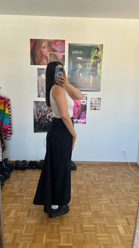 Vintage 90's Techwear Black Maxi Skirt with Drawstring Back Detail (38 EU / UK 10 / US 6)