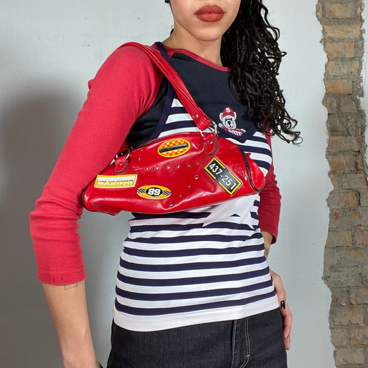 Vintage 2000's Bella Hadid Red Shiny 'Racer' Baguette Bag with Patches