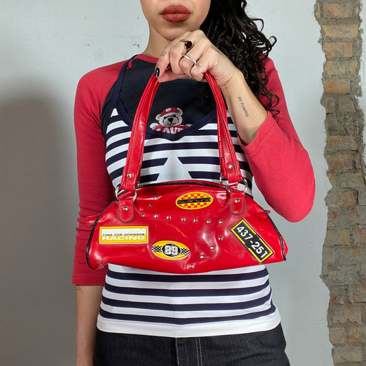 Vintage 2000's Bella Hadid Red Shiny 'Racer' Baguette Bag with Patches