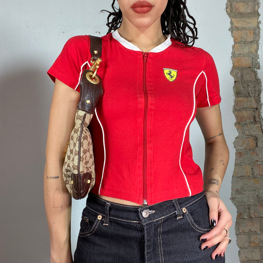 Vintage 90's Ferrari Red Zip Up Shirt with White Collar Detail (S)