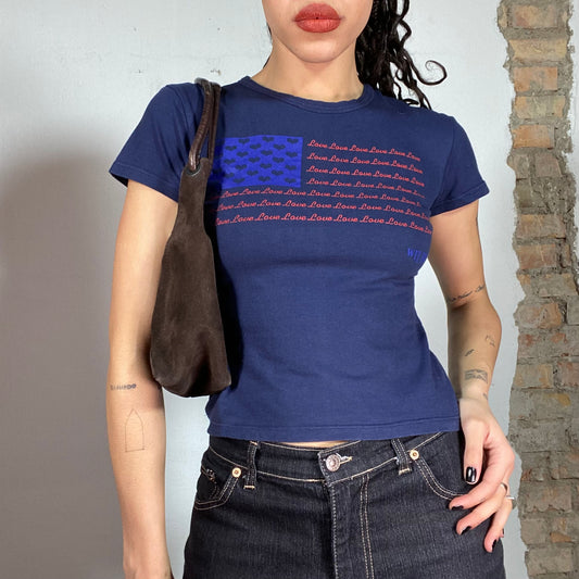 Vintage 2000's Skater Blue Baby Tee with 'Love' US Flag Print (S)