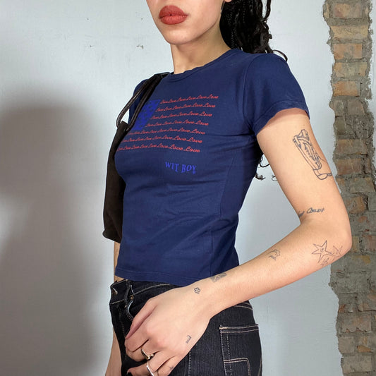 Vintage 2000's Skater Blue Baby Tee with 'Love' US Flag Print (S)