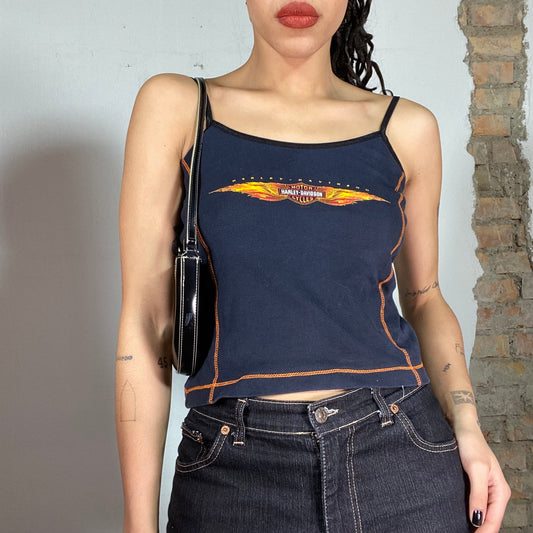 Vintage 90's Harley Davidson Navy blue Top with Orange Stitching (S/M)