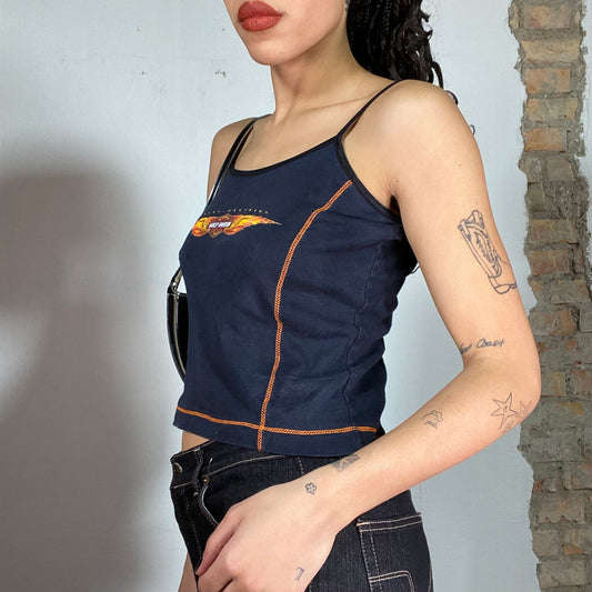 Vintage 90's Harley Davidson Navy blue Top with Orange Stitching (S/M)