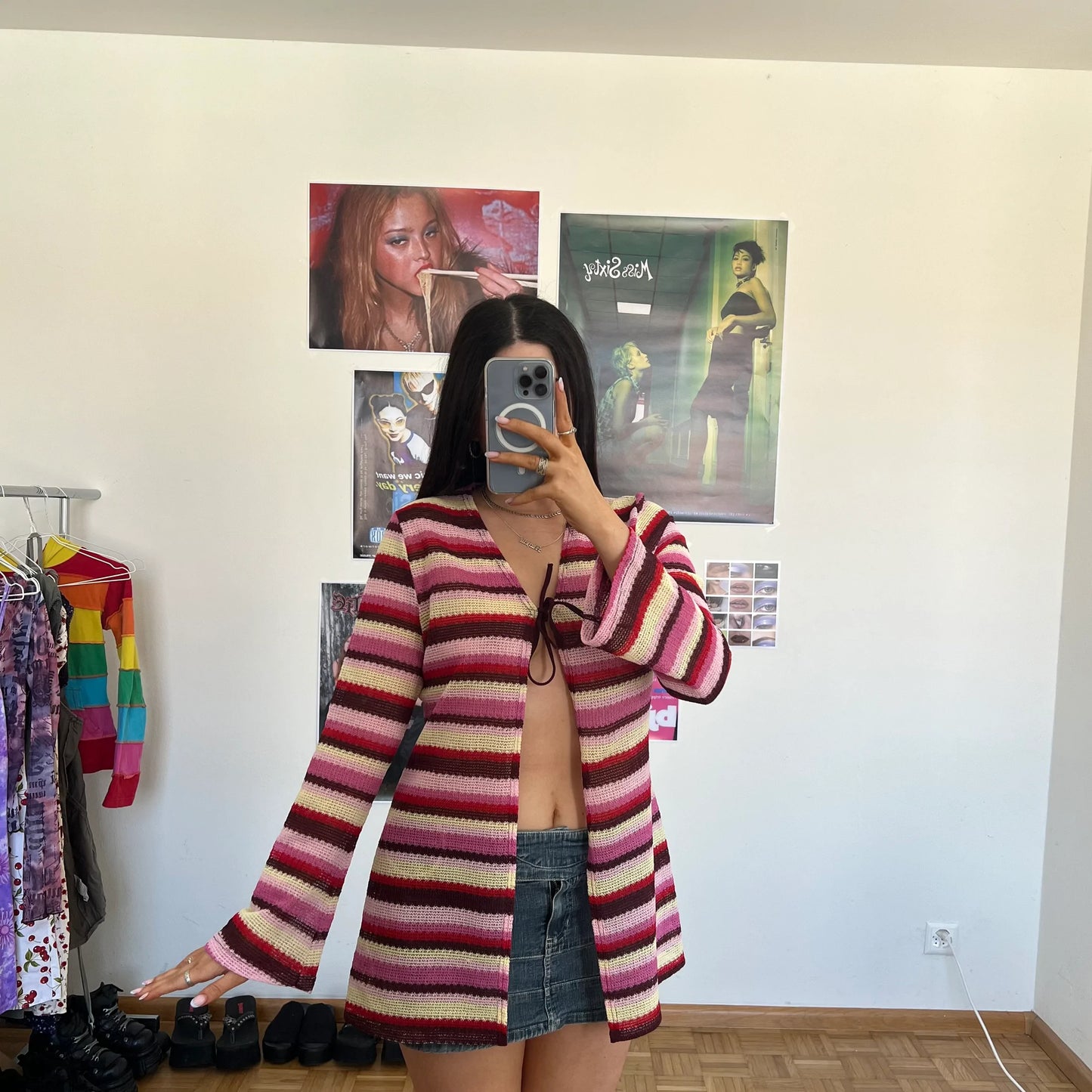 Vintage 90's Hippie Rainbow Striped Crochet Cardigan (S)